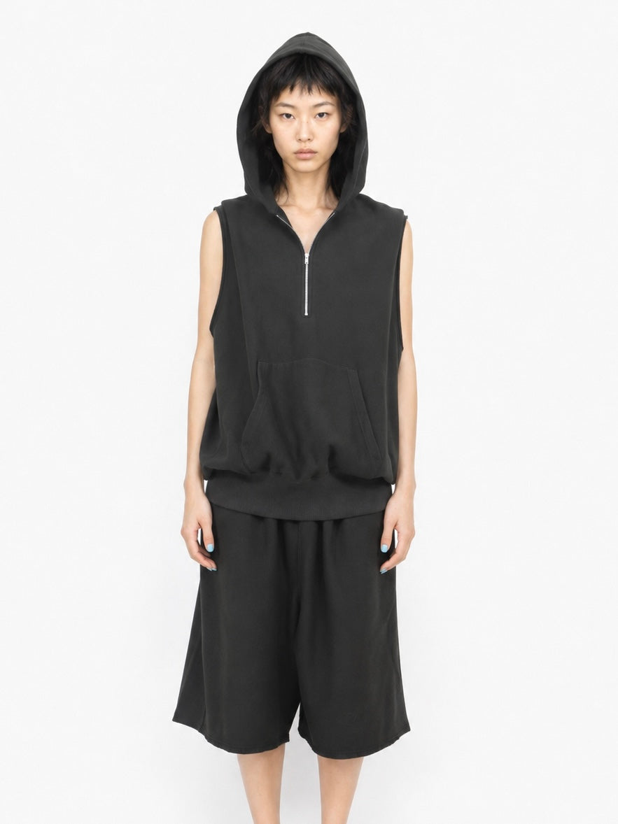CUT SLEEVE HOODIE【A122】OFF BLACK
