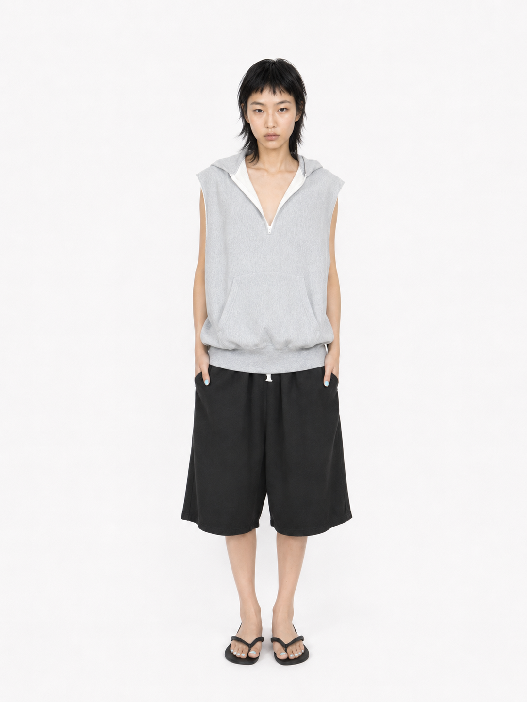 CUT SLEEVE HOODIE【A122】HEATHER GREY