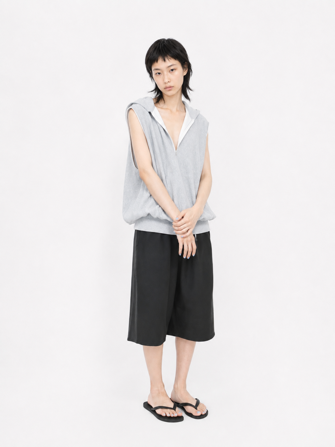 CUT SLEEVE HOODIE【A122】HEATHER GREY