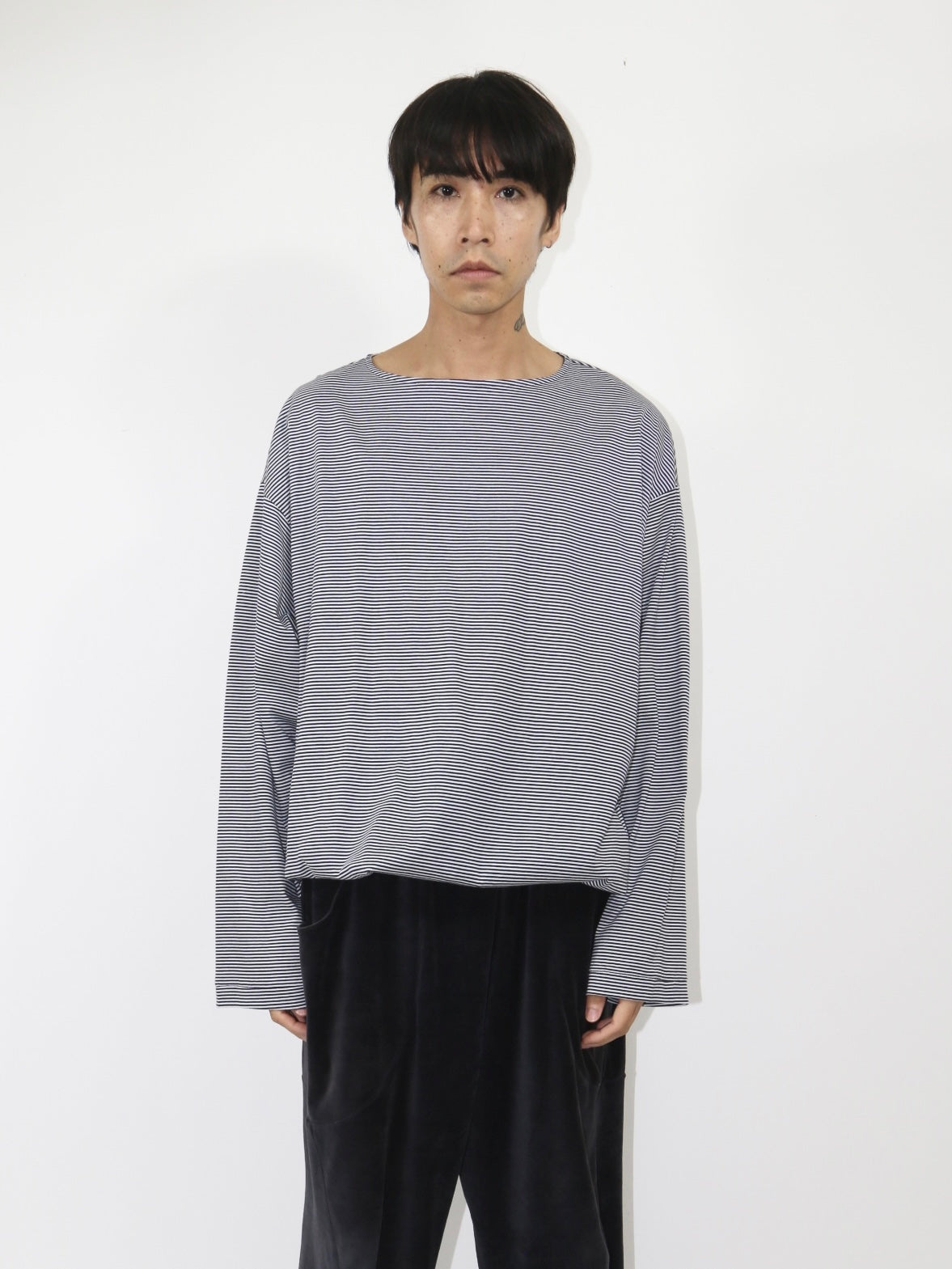 BALLOON BASUQUE TOP【A-106】WHITE/NAVY narrow