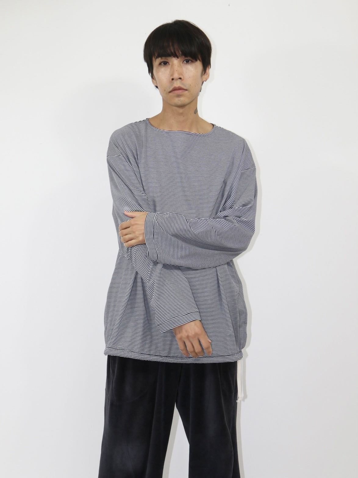 BALLOON BASUQUE TOP【A-106】WHITE/NAVY narrow