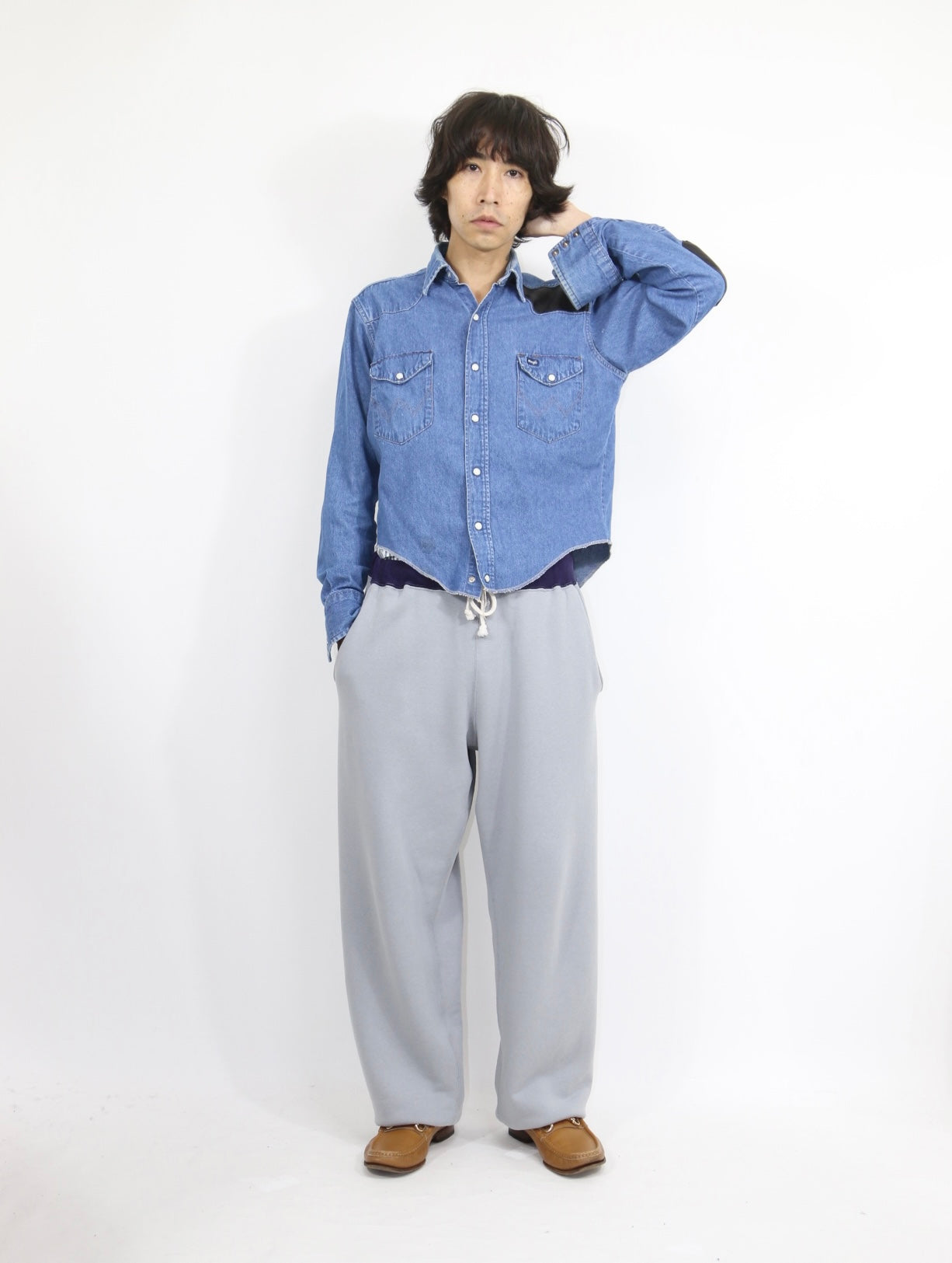 SIDESEAMLESS SWEAT PANTS【A-116】DUSTY BLUE/EGGPLANT