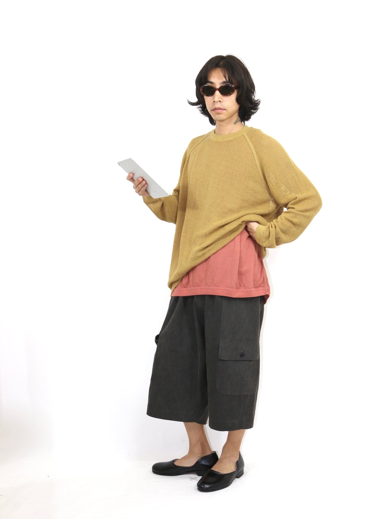 LONG SLEEVE MESH TEE【O21TS4M】YELLOW OLIVE